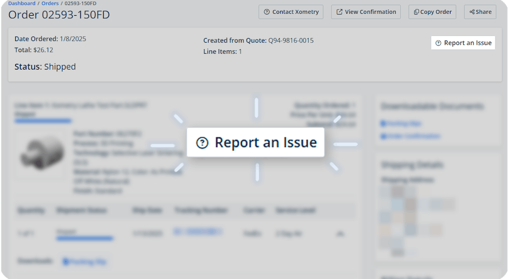 Image highlighting location of new "Report An Issue" button on order summary page.